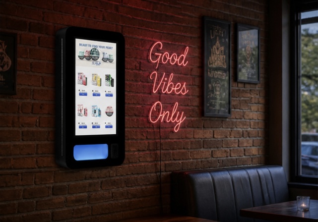 Machine installed in bar with Good Vibes Only sign