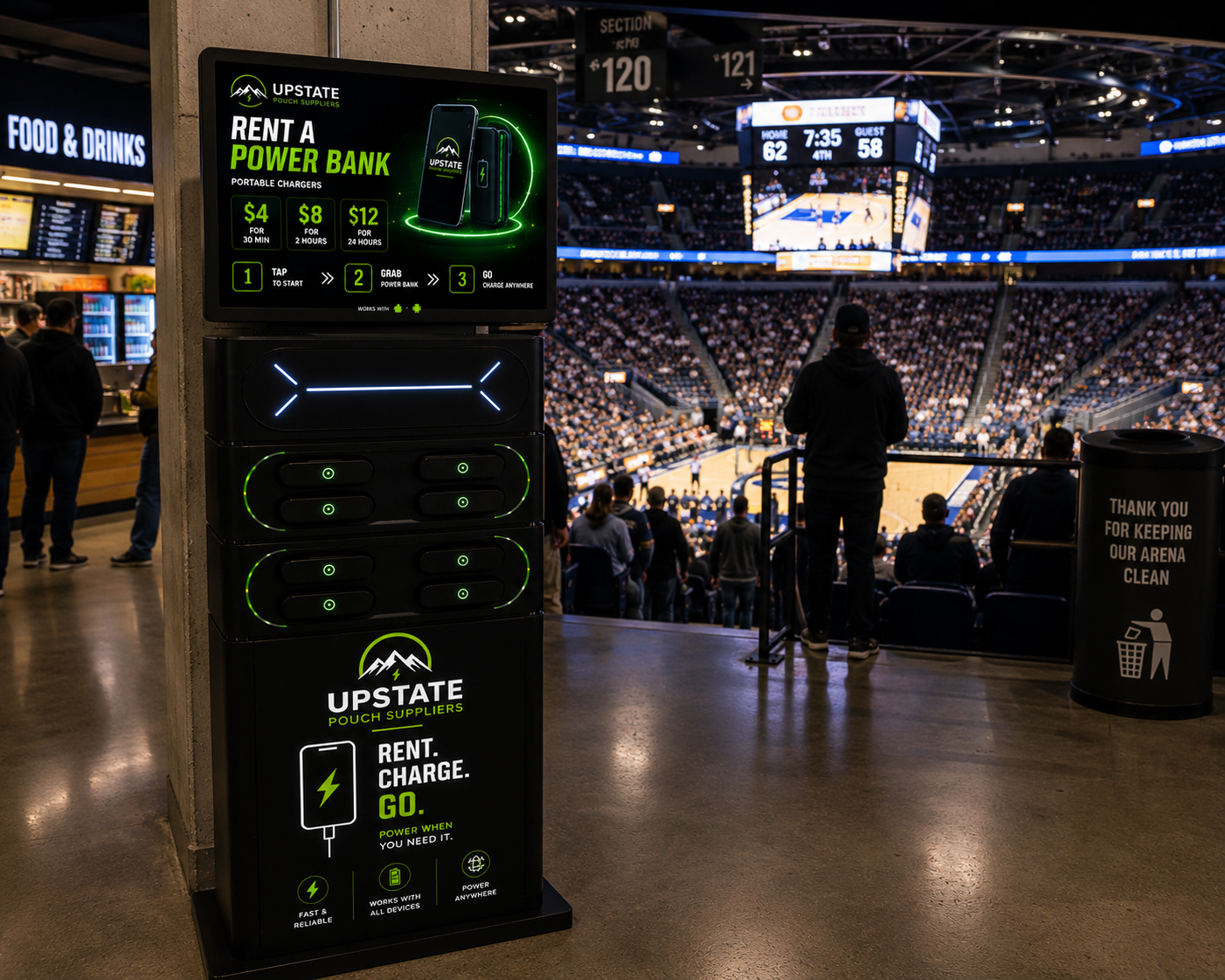 Charging kiosk installed in a sports arena