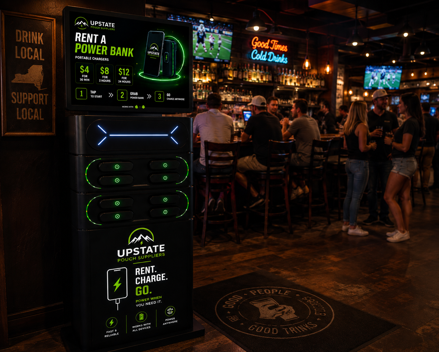 Charging kiosk installed in a bar