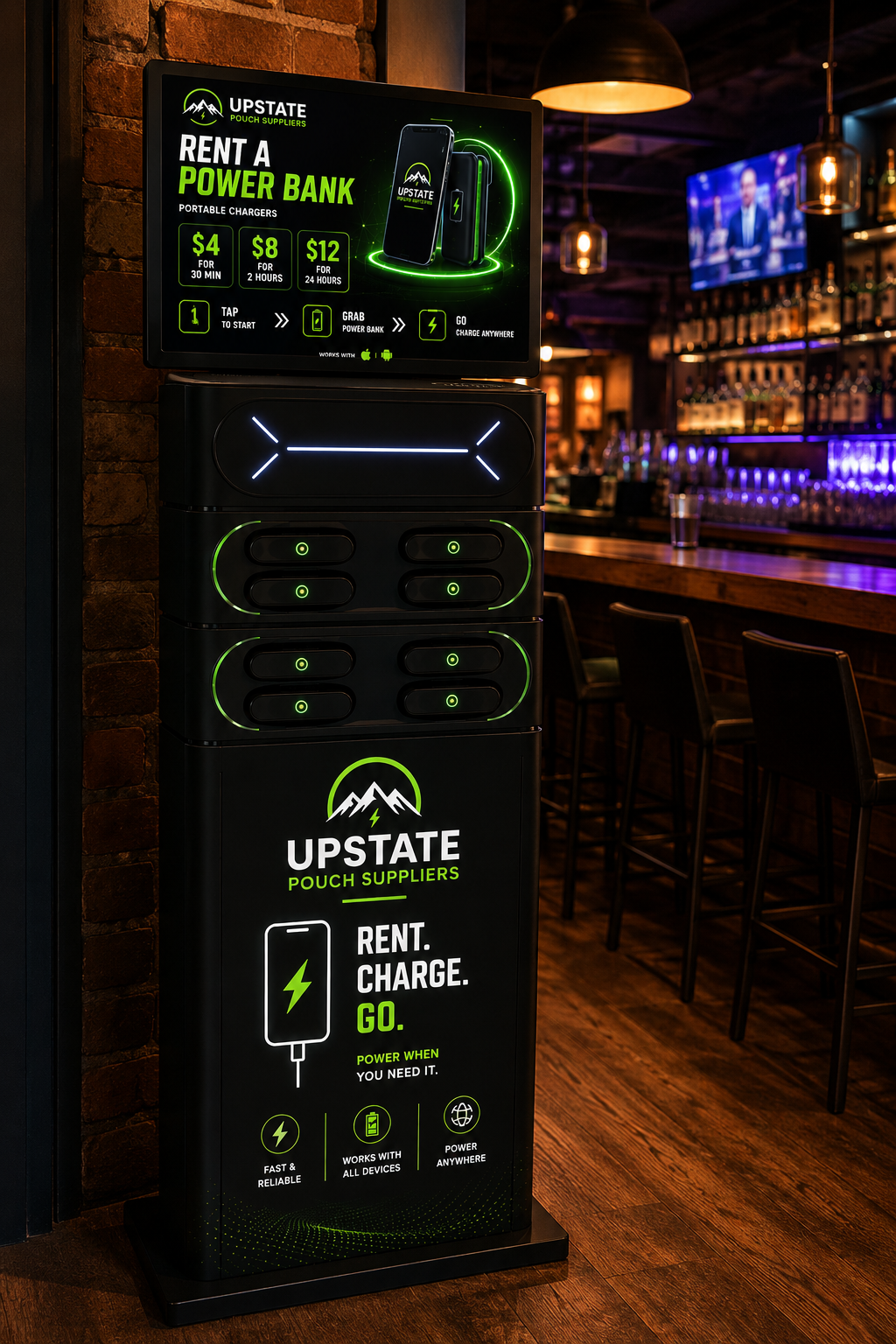 Charging kiosk installed in a lounge bar
