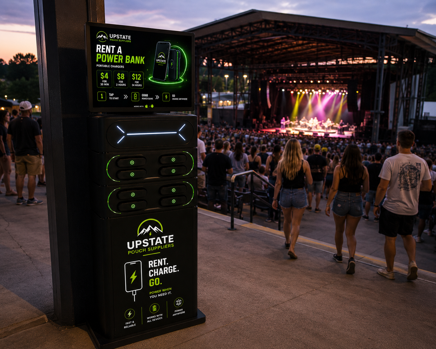 Charging kiosk installed at an outdoor concert venue