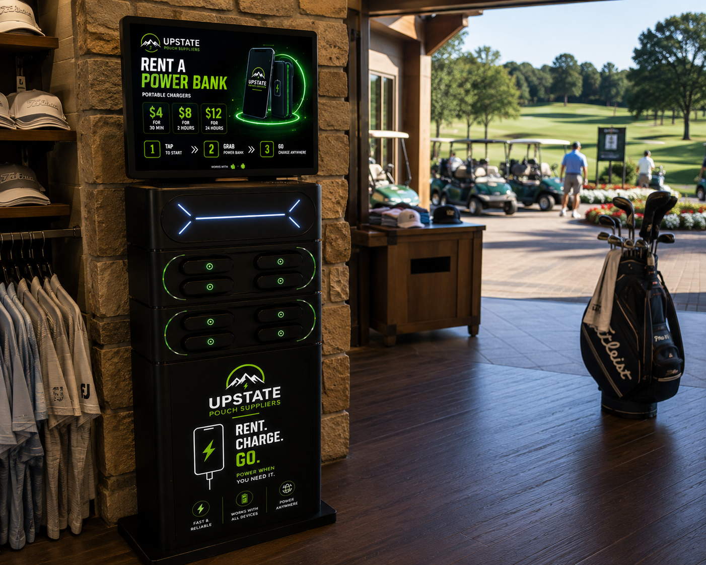 Charging kiosk installed at a golf course pro shop