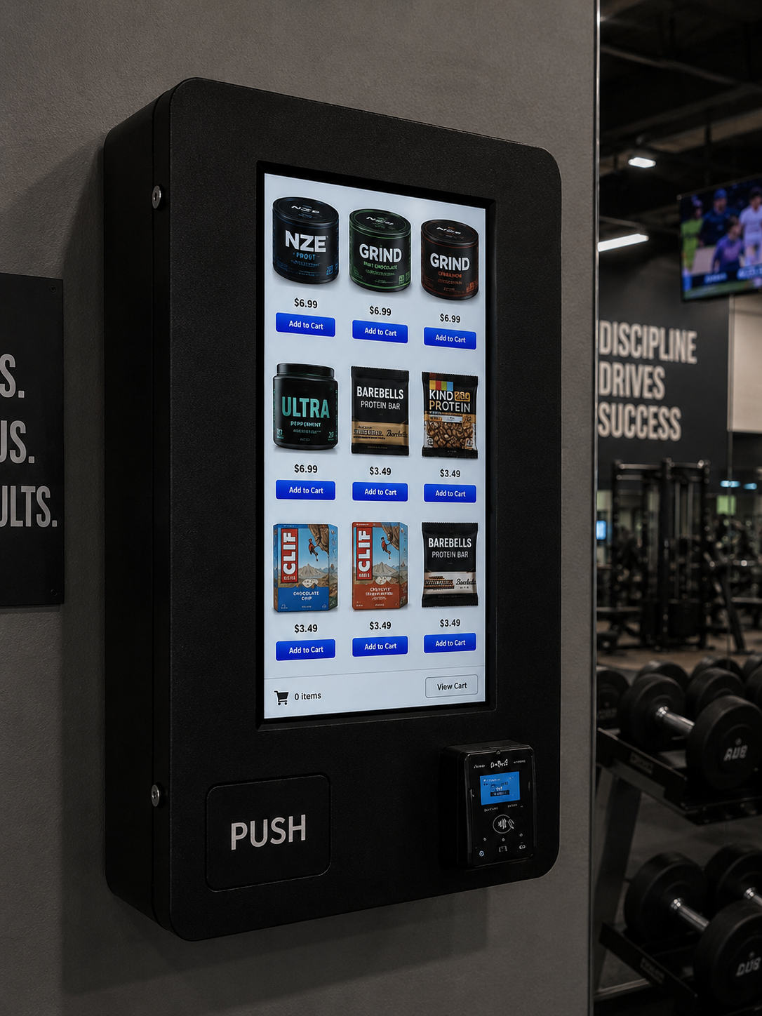 Close-up of gym vending machine screen