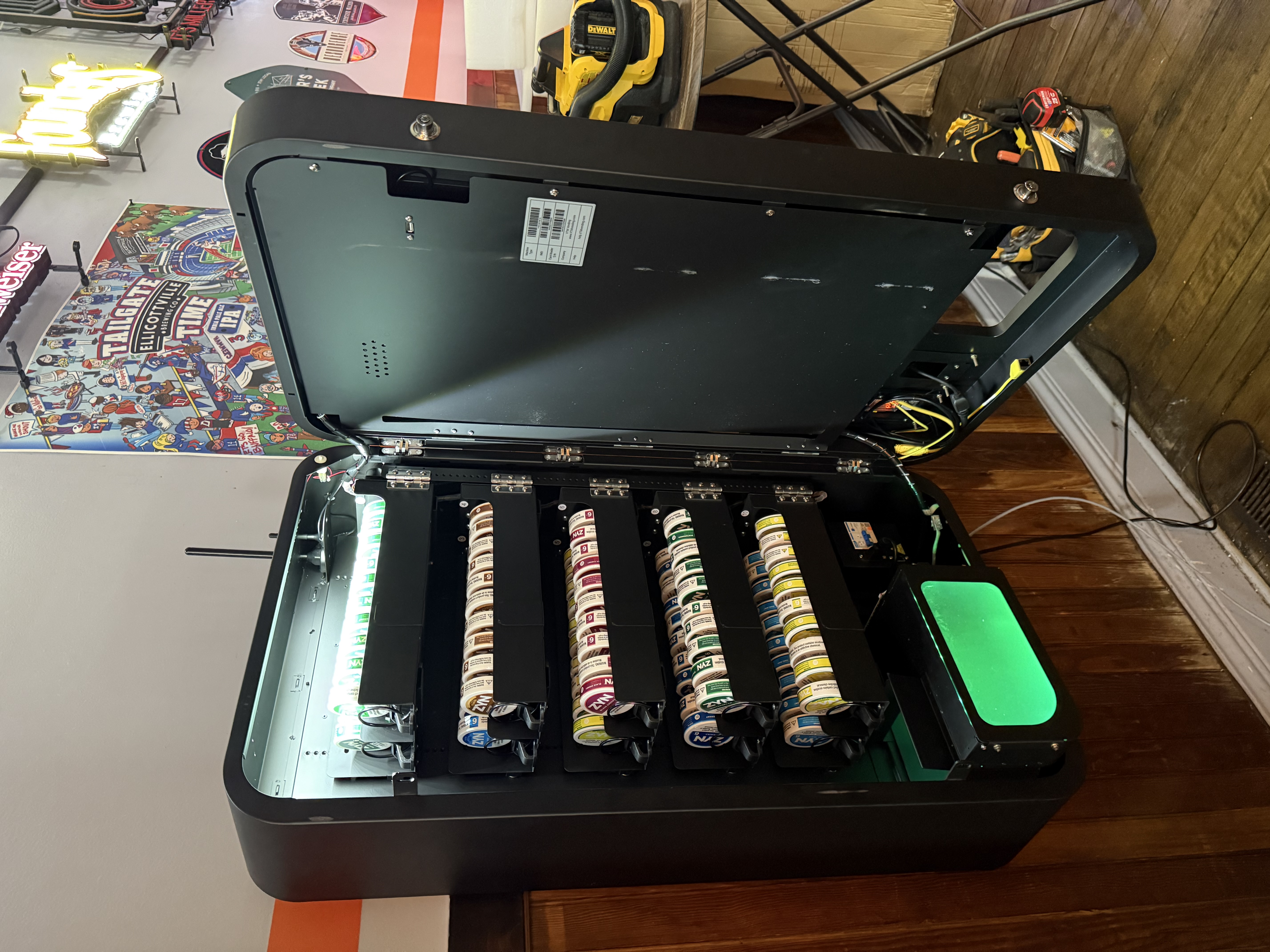 Machine open showing fully stocked ZYN inventory