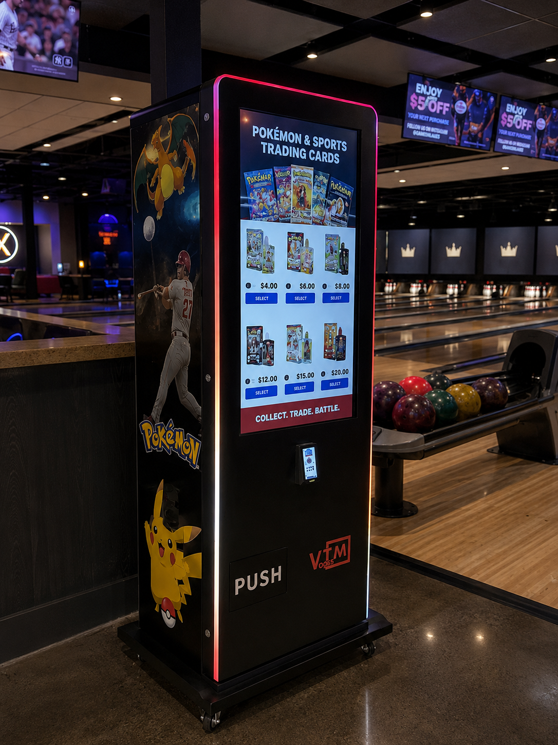 Trading card machine installed in a bowling alley